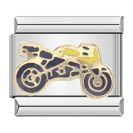 Motorcycle Italian charm for 9mm Italian charm bracelet in silver showing detailed biker motorcycle design on stainless steel link