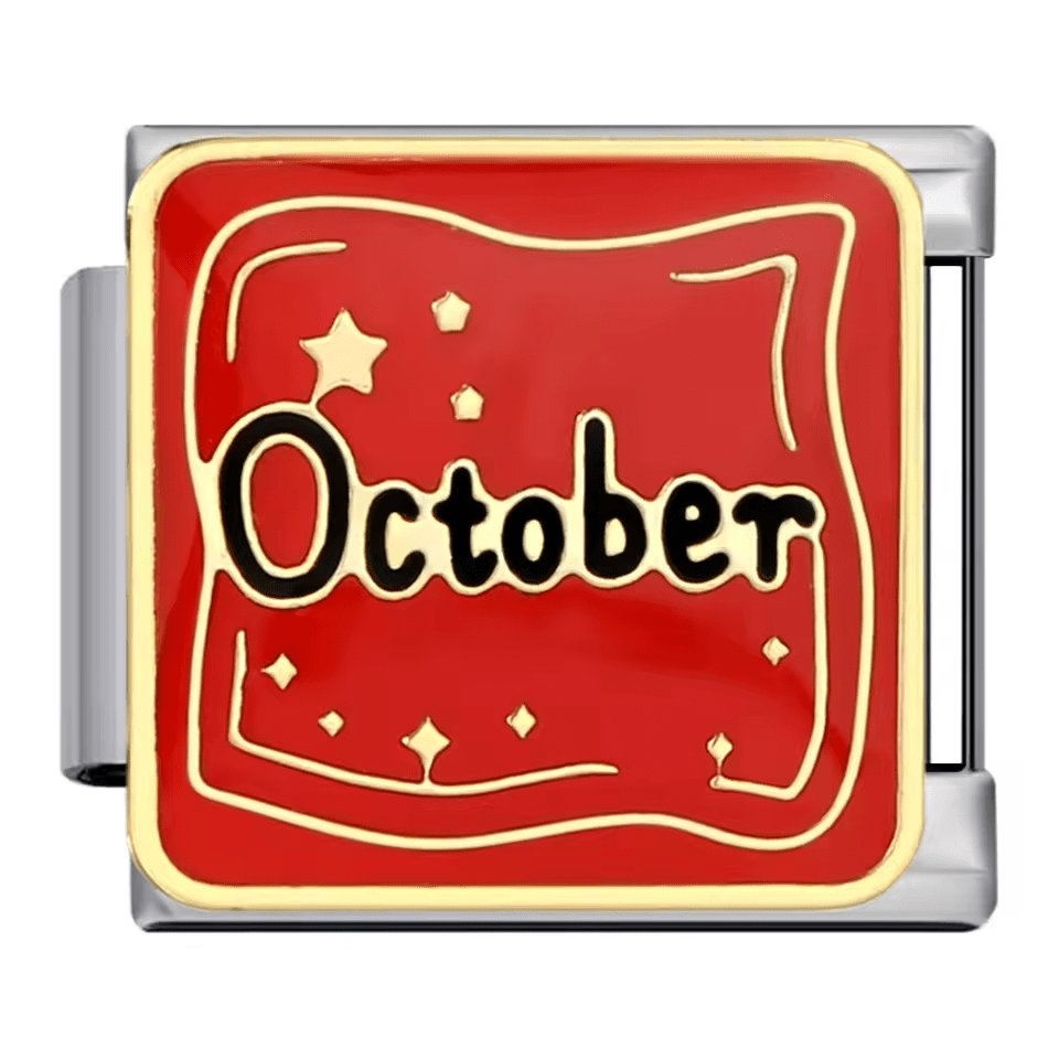 October text Italian charm 9mm with red enamel background