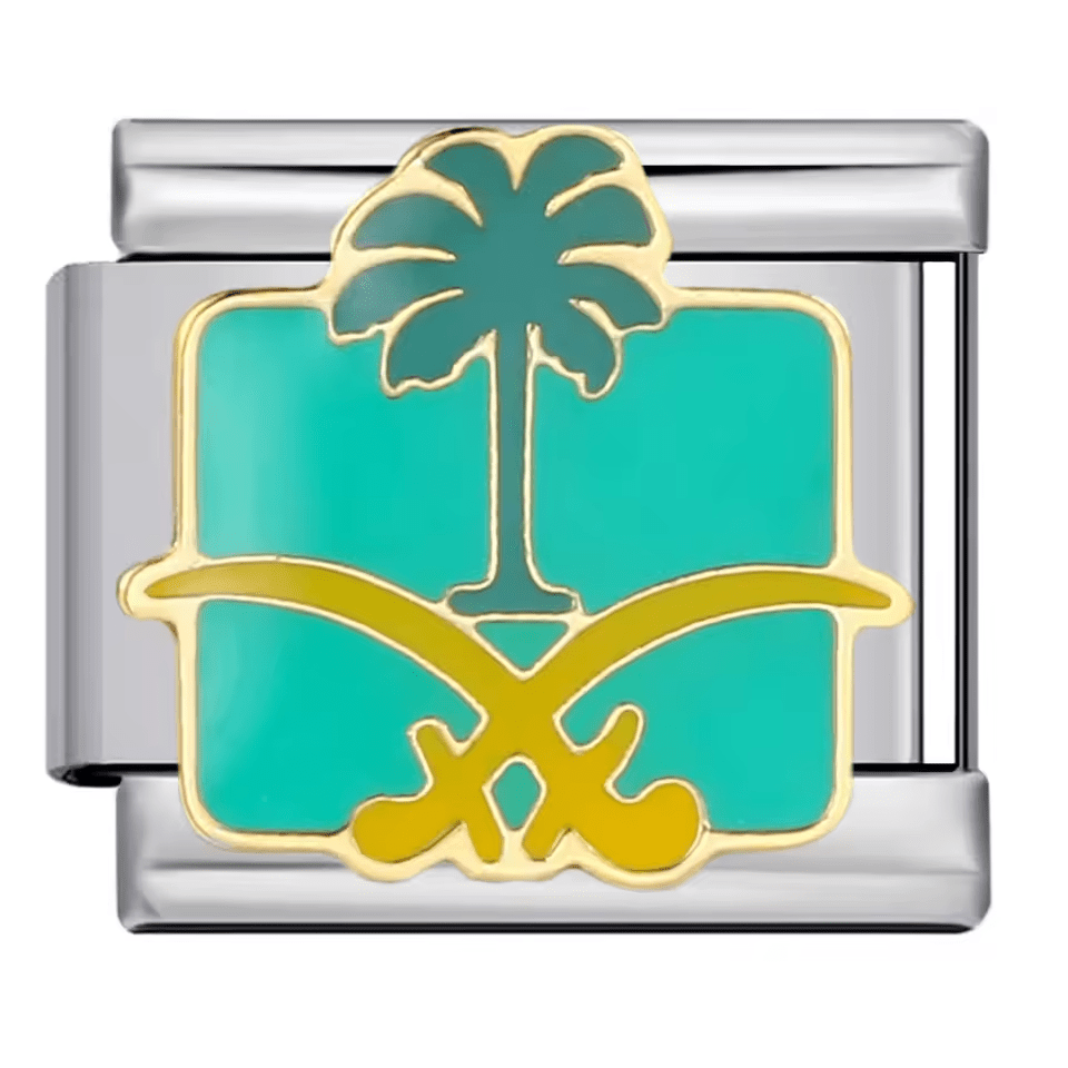 Palm tree and swords Italian charm 9mm with teal background and gold detailing