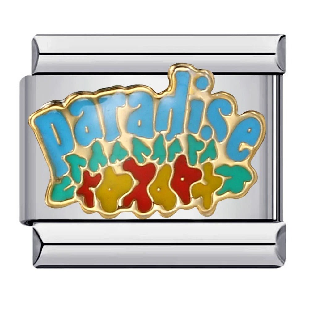 Paradise text Italian charm 9mm with multicolor tropical design