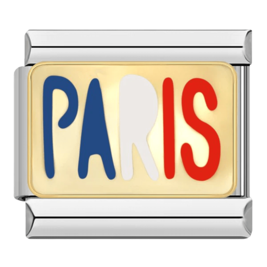 Paris Eiffel Tower travel Italian charm 9mm blue and red lettering on cream enamel