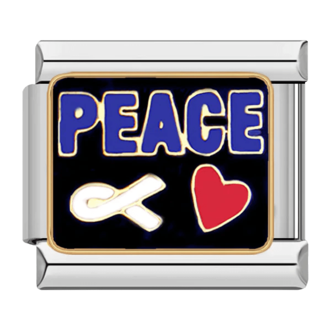 Peace Italian charm 9mm blue lettering black background with heart