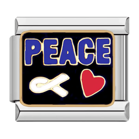 Peace Italian charm 9mm blue lettering black background with heart