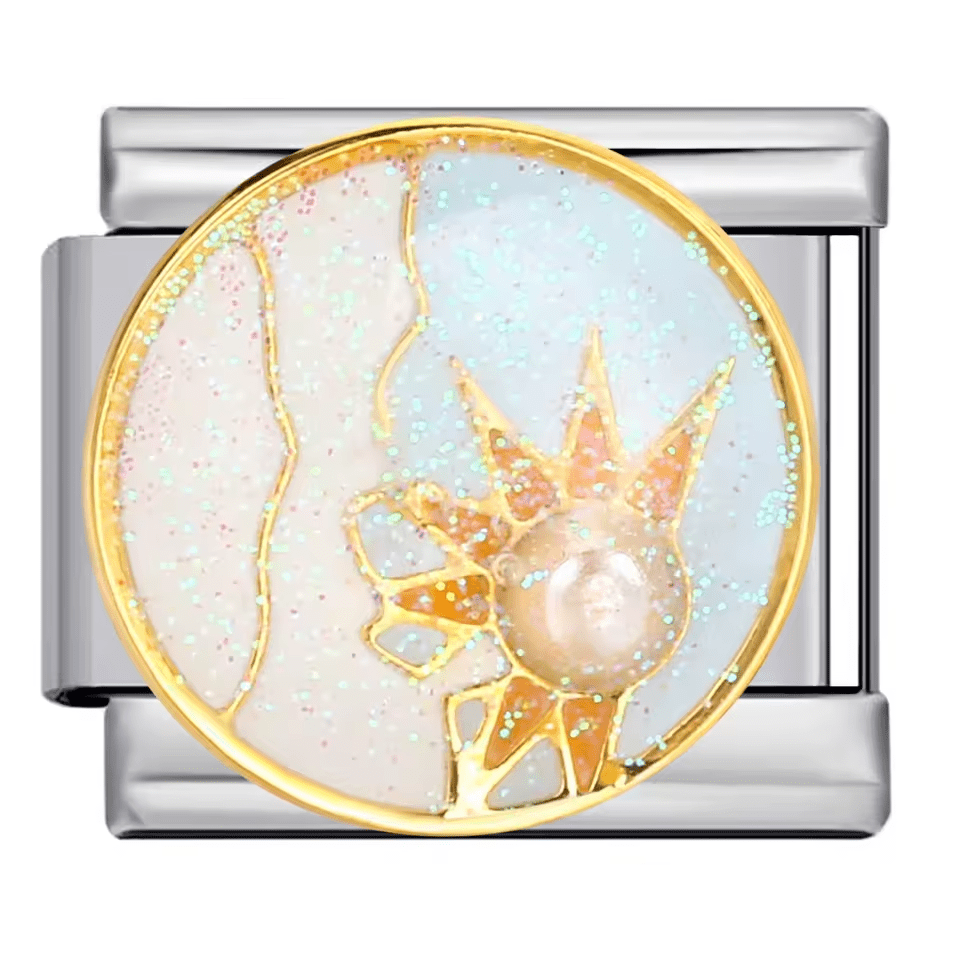 Pearl Sun 9mm Italian charm with pearl center on Italian charm bracelet