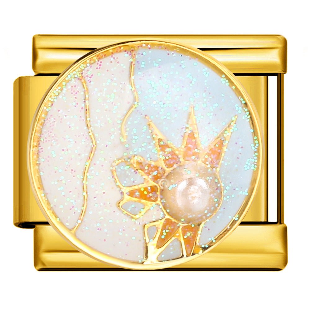 Pearl Sun Italian charm close up showing sunburst design and pearl detail