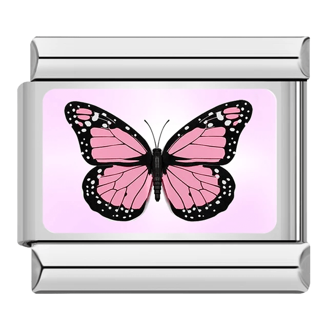 Pink Butterfly Italian charm 9mm with black edging on light pink background