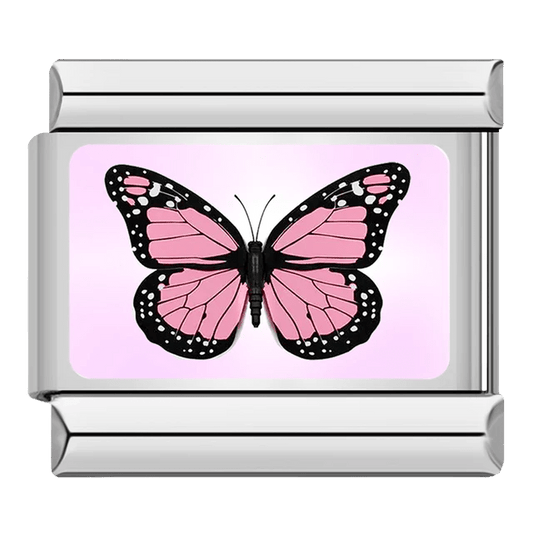 Pink Butterfly Italian charm 9mm with black edging on light pink background