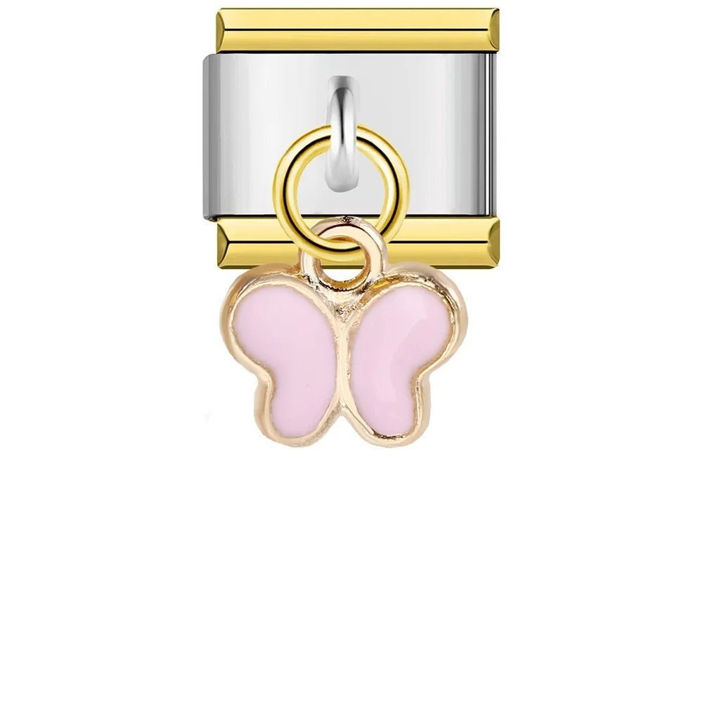 Pink dangling butterfly Italian charm 9mm pink enamel butterfly pendant