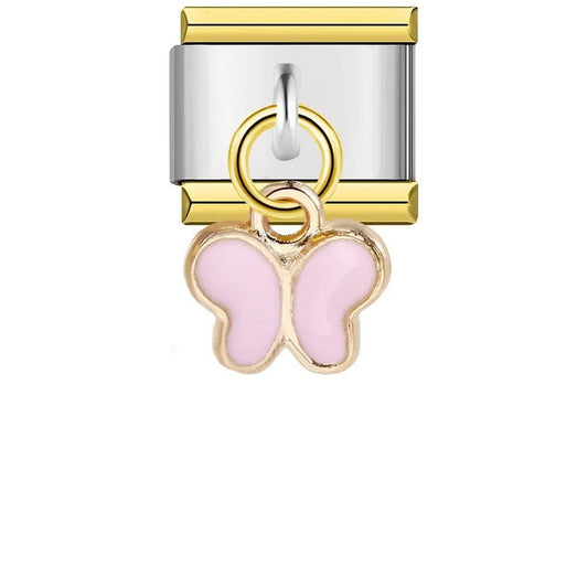 Pink dangling butterfly Italian charm 9mm pink enamel butterfly pendant