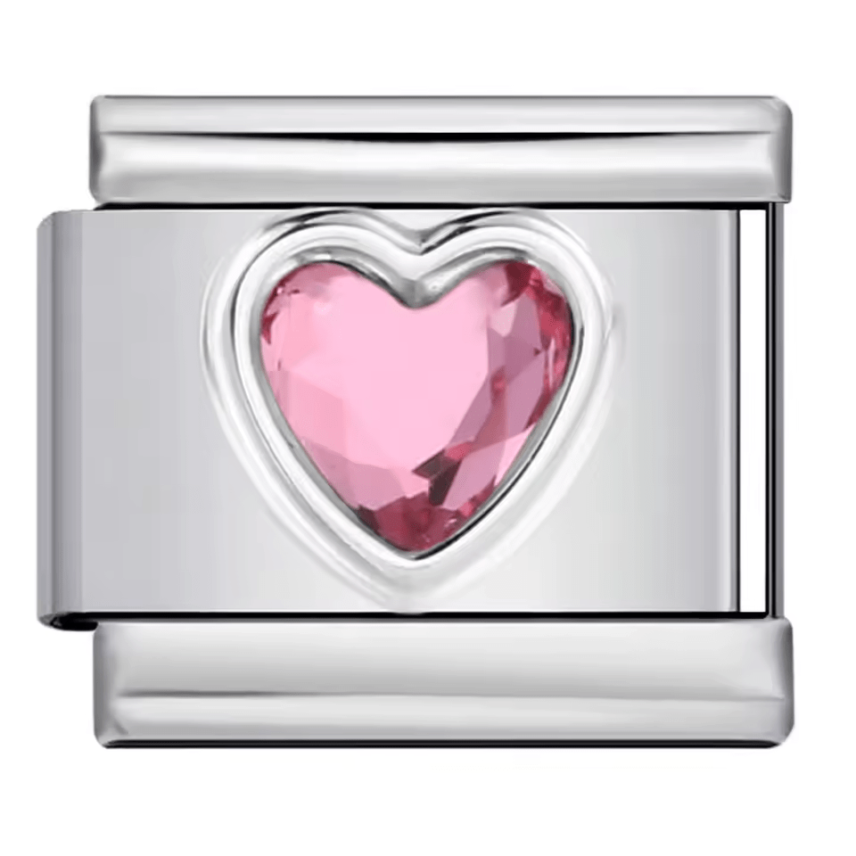 Pink gem heart 9mm Italian charm on stainless steel bracelet