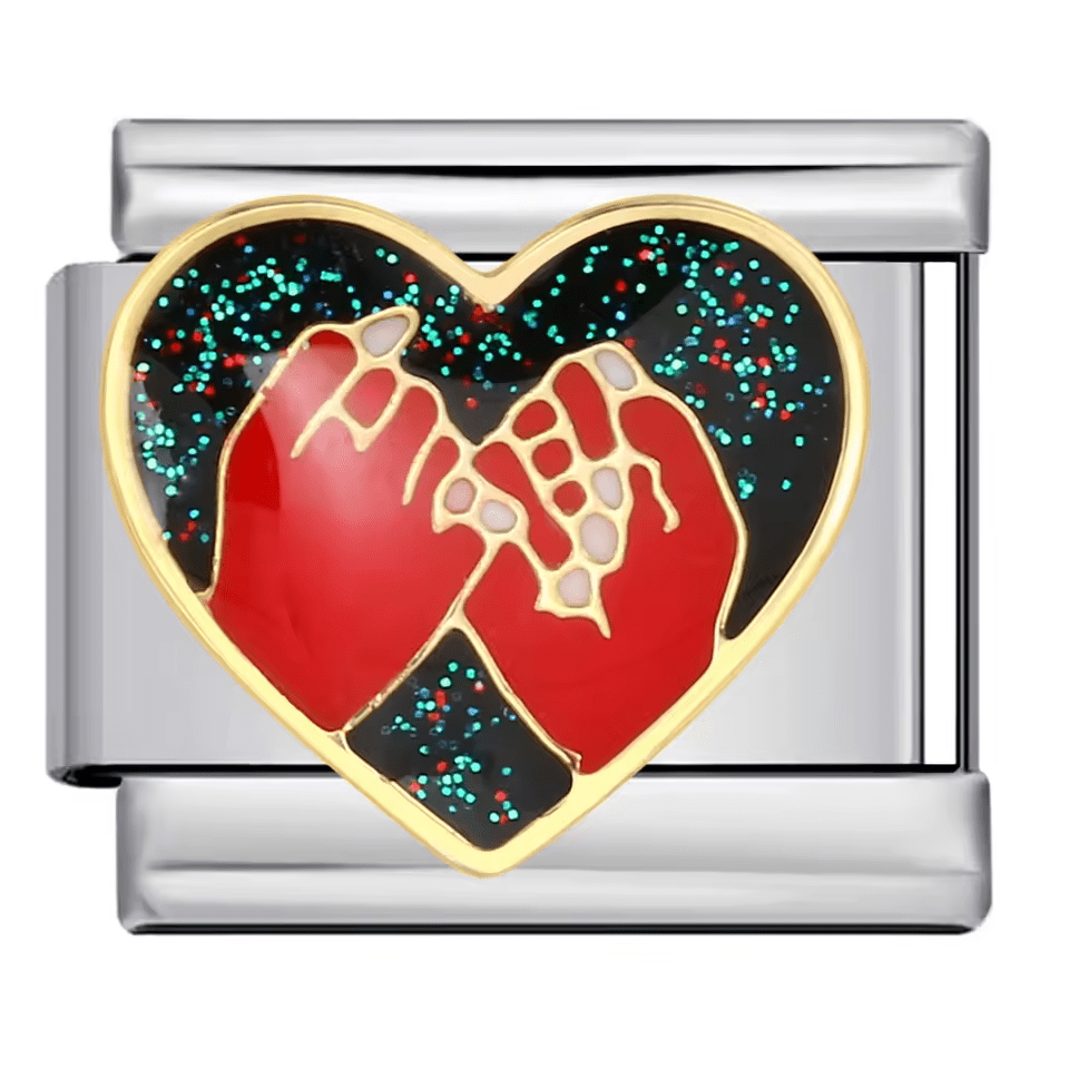 Pinky promise heart Italian charm 9mm with red enamel hands design
