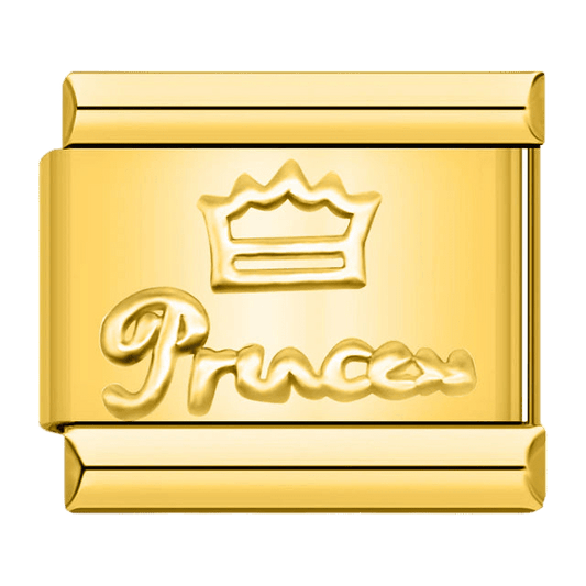 Princess gold script with crown emblem embossed gold tone 9mm Italian charm