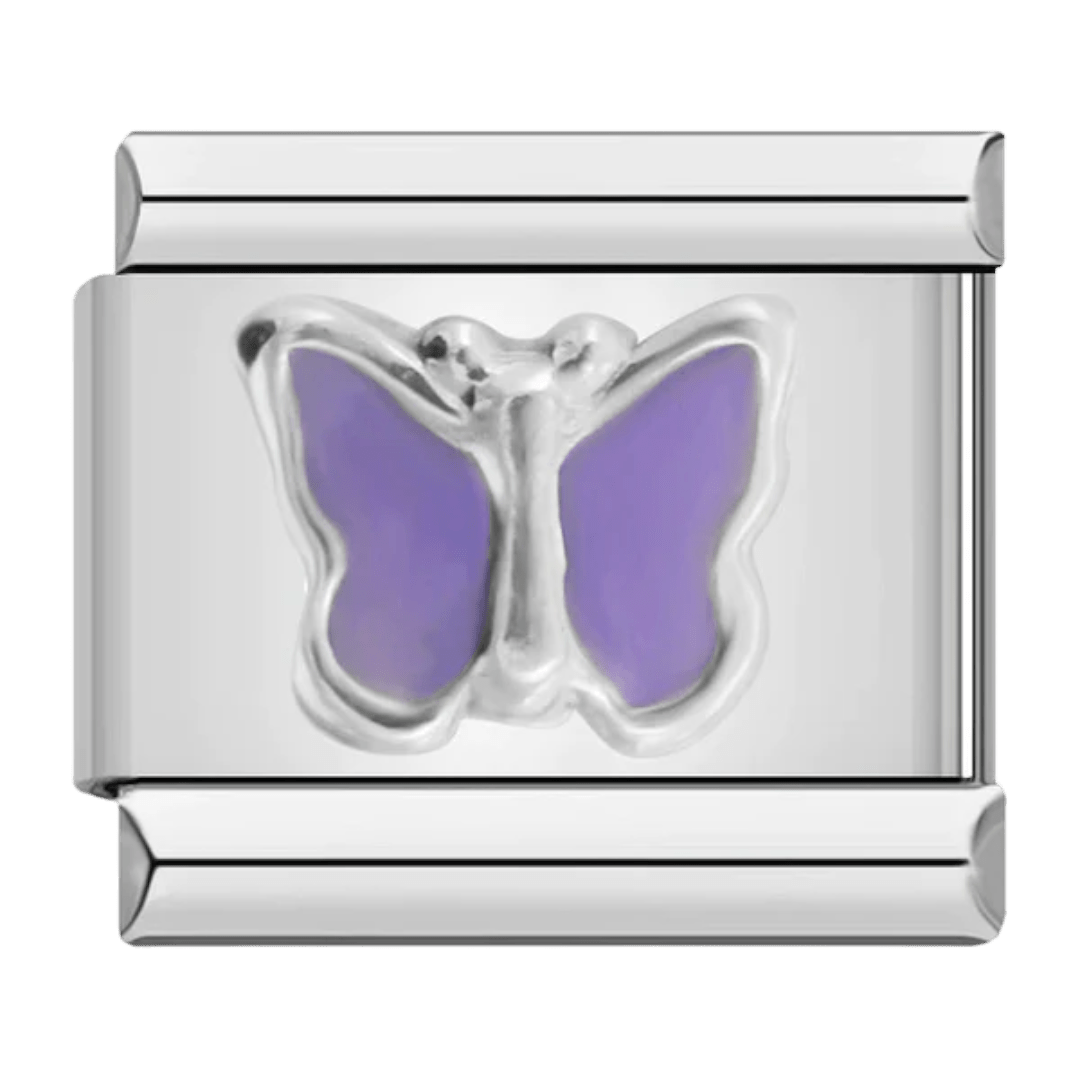 Purple butterfly raised design 9mm Italian charm with silver-tone accents
