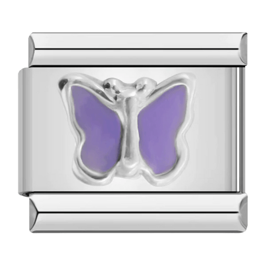 Purple butterfly raised design 9mm Italian charm with silver-tone accents