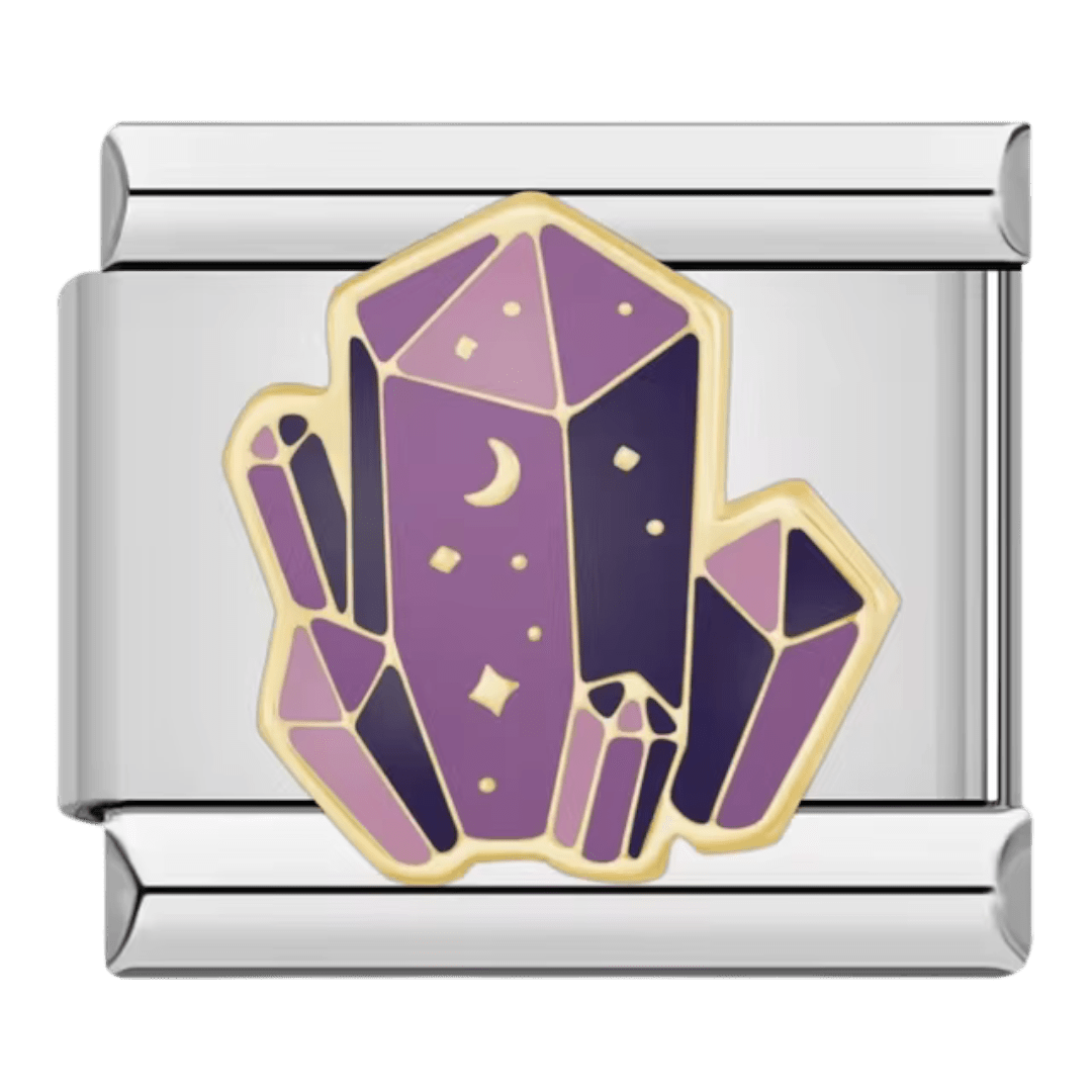 Purple crystal gemstone cluster with gold outlines and sparkles 9mm Italian charm