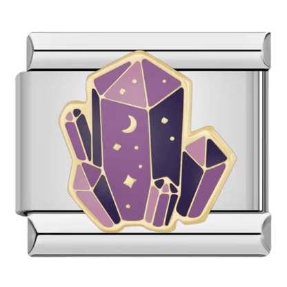 Purple crystal gemstone cluster with gold outlines and sparkles 9mm Italian charm