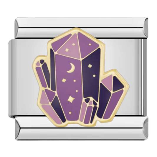 Purple crystal gemstone cluster with gold outlines and sparkles 9mm Italian charm