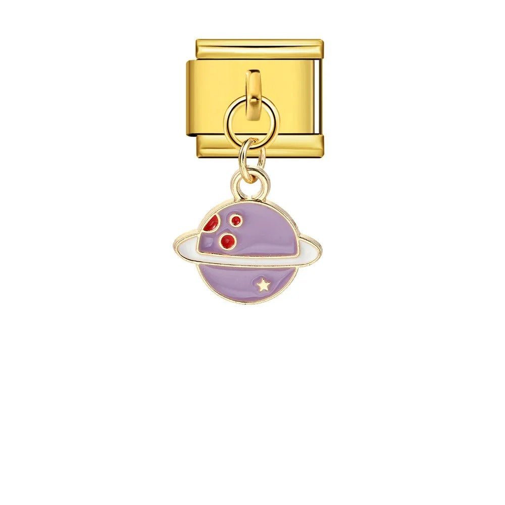 Purple hanging planet dangle Italian charm 9mm space planet Italian charm link gold