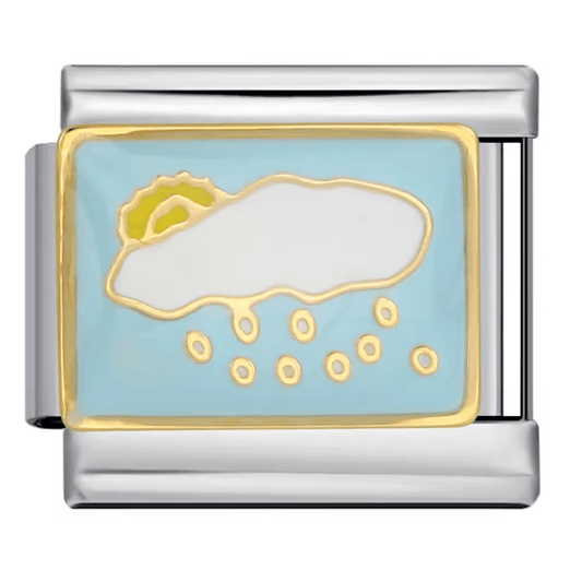 Rain cloud Italian charm 9mm with blue enamel background and gold raindrop details