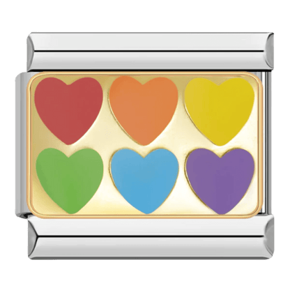Rainbow colored hearts 9mm Italian charm with red orange yellow green blue and purple hearts