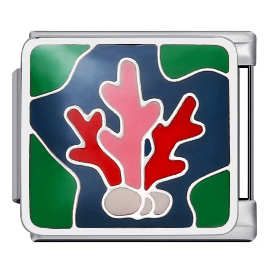 Red and pink coral Italian charm with ocean-blue enamel for Charmette and Nomination-style 9 mm bracelets