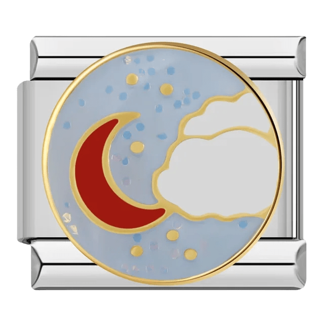 Red crescent moon and gold stars on blue night sky circular 9mm Italian charm