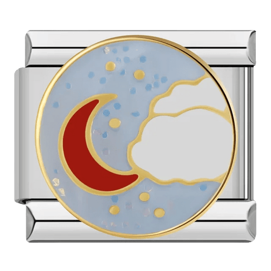 Red crescent moon and gold stars on blue night sky circular 9mm Italian charm