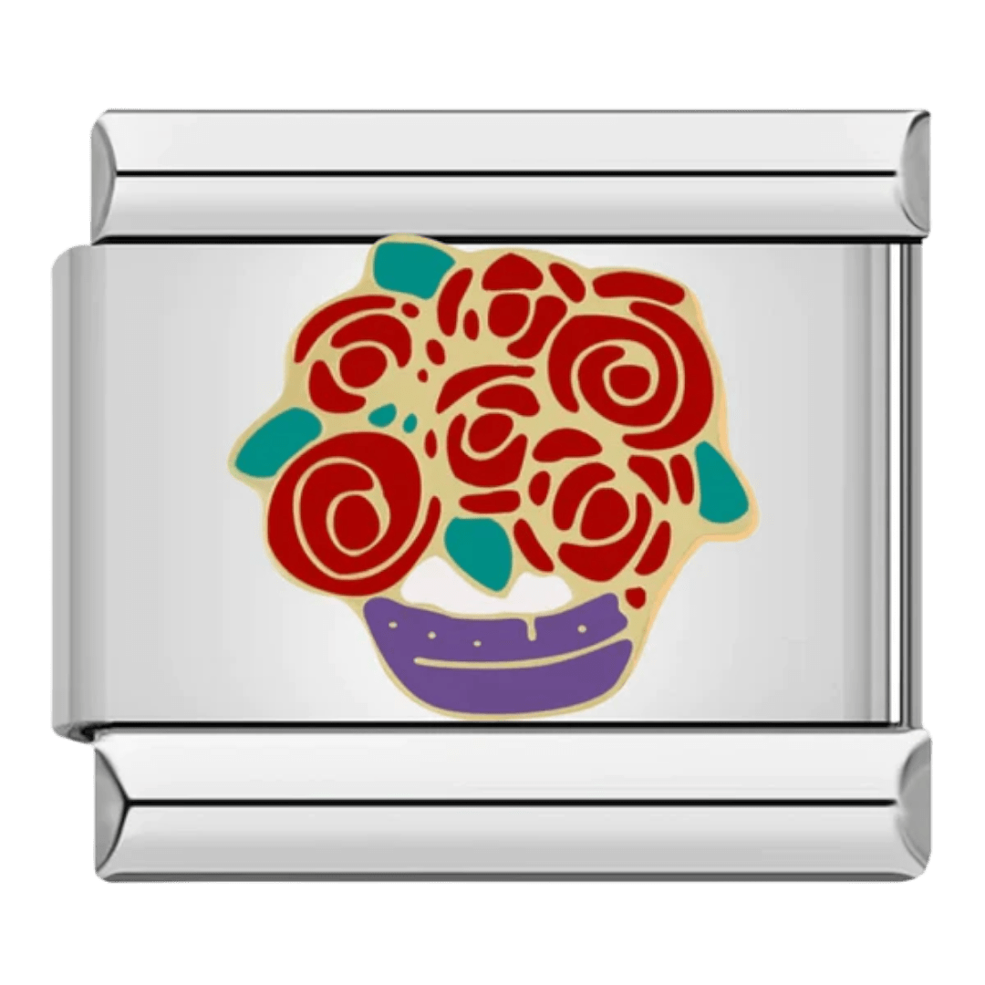 Red rose bouquet in purple vase floral design 9mm Italian charm