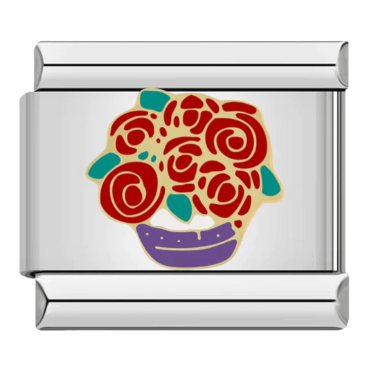 Red rose bouquet in purple vase floral design 9mm Italian charm