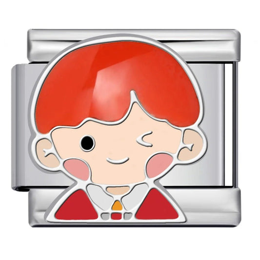 Redheaded boy Ron Italian charm – friendly character design 9mm stainless steel modular bracelet link by Charmette