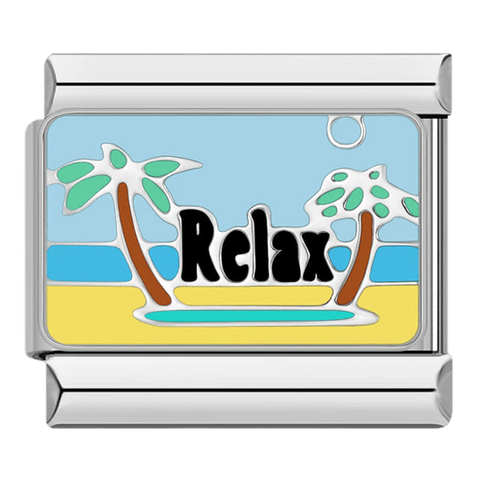 Relax gold text with palm trees beach ocean tropical scene 9mm Italian charm