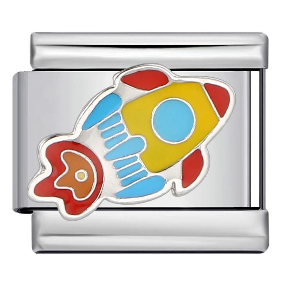 Rocketship Italian charm 9mm with colorful enamel rocket design