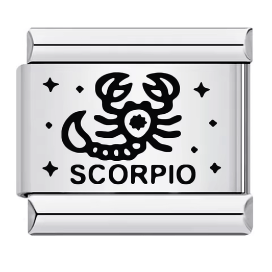 Scorpio zodiac Italian charm 9mm with black symbol and Scorpio text