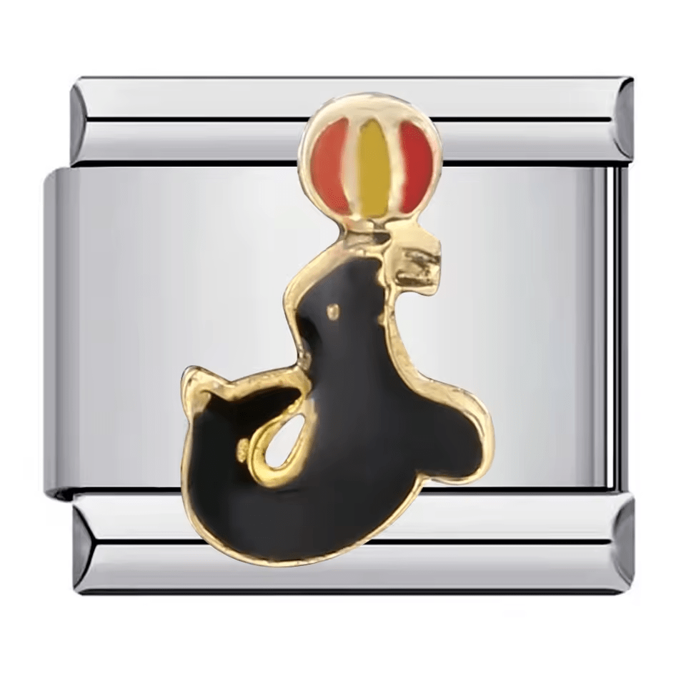 Seal with ball Italian charm 9mm with black enamel seal design