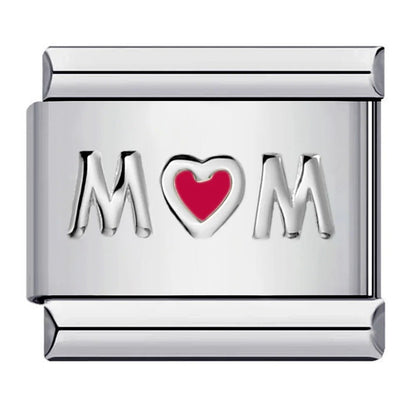 Silver MOM Italian charm with red heart – 9mm modular bracelet link by Charmette