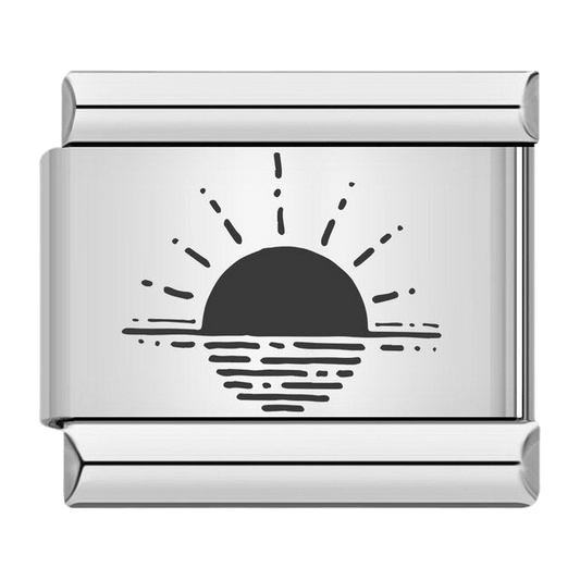 Silver sunset with rays setting over ocean waves horizon 9mm Italian charm