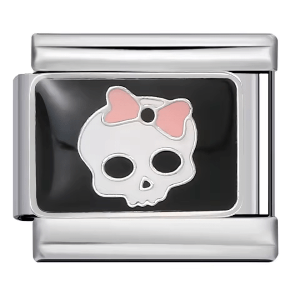 Skull with pink bow Italian charm 9mm black enamel