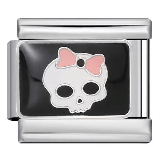 Skull with pink bow Italian charm 9mm black enamel
