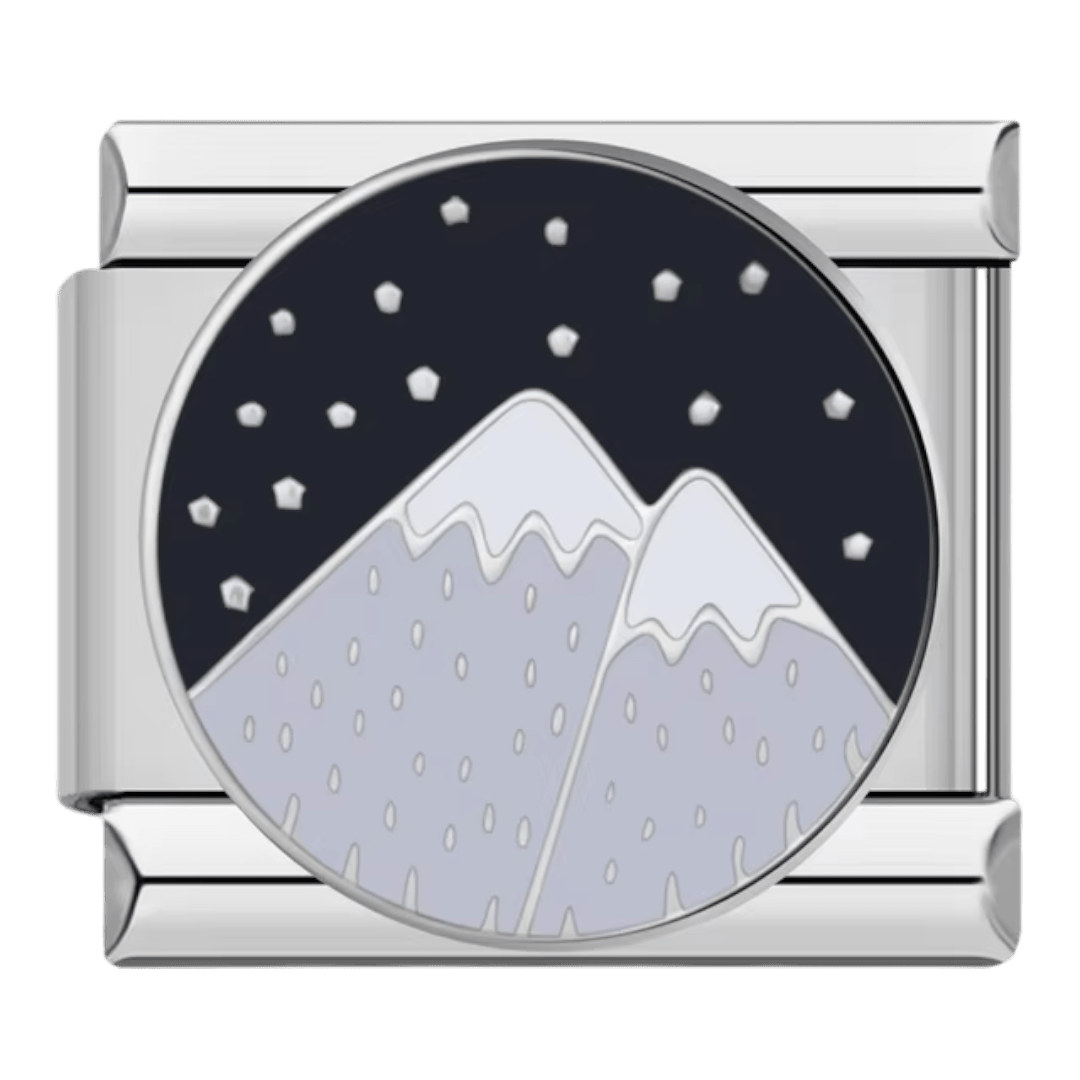 Snowy mountain peaks with falling snow dark night sky circular 9mm Italian charm