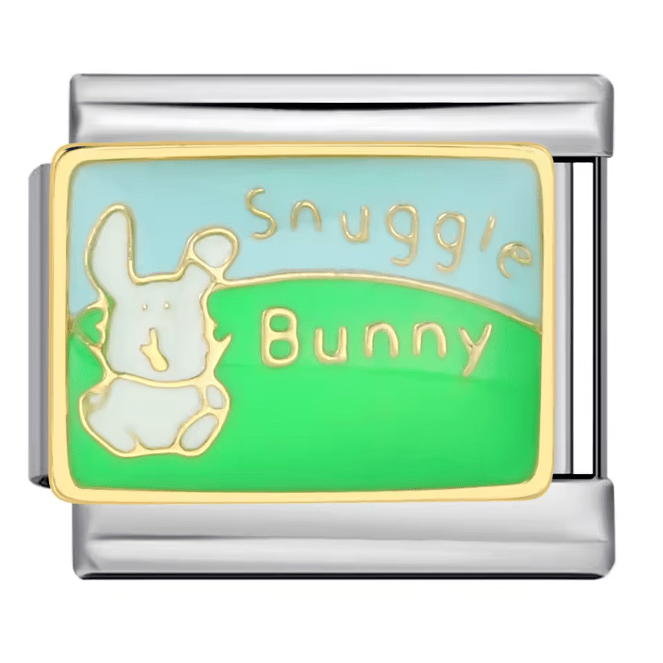 Snuggle bunny Italian charm 9mm with green enamel background and bunny illustration