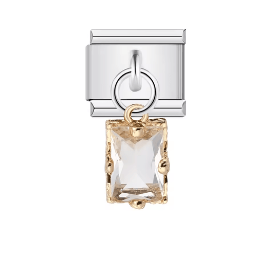 Square diamond Italian charm 9mm with dangling clear stone and silver-tone link