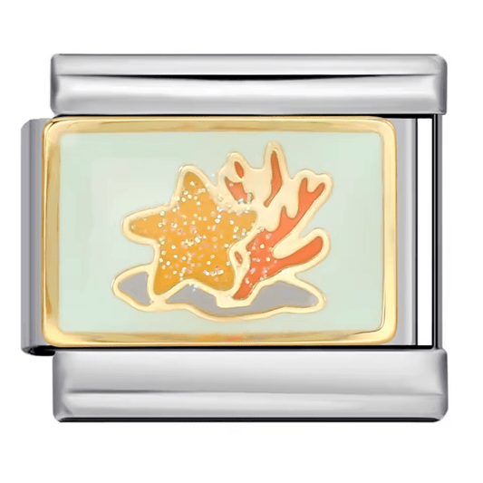 Starfish and coral Italian charm with gold and sea-green enamel for Charmette and Nomination-style 9 mm bracelets
