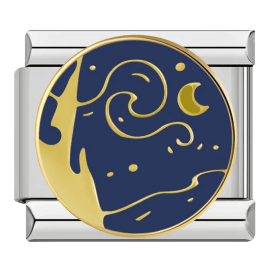 Starry Night Italian charm 9mm blue and gold celestial moon design