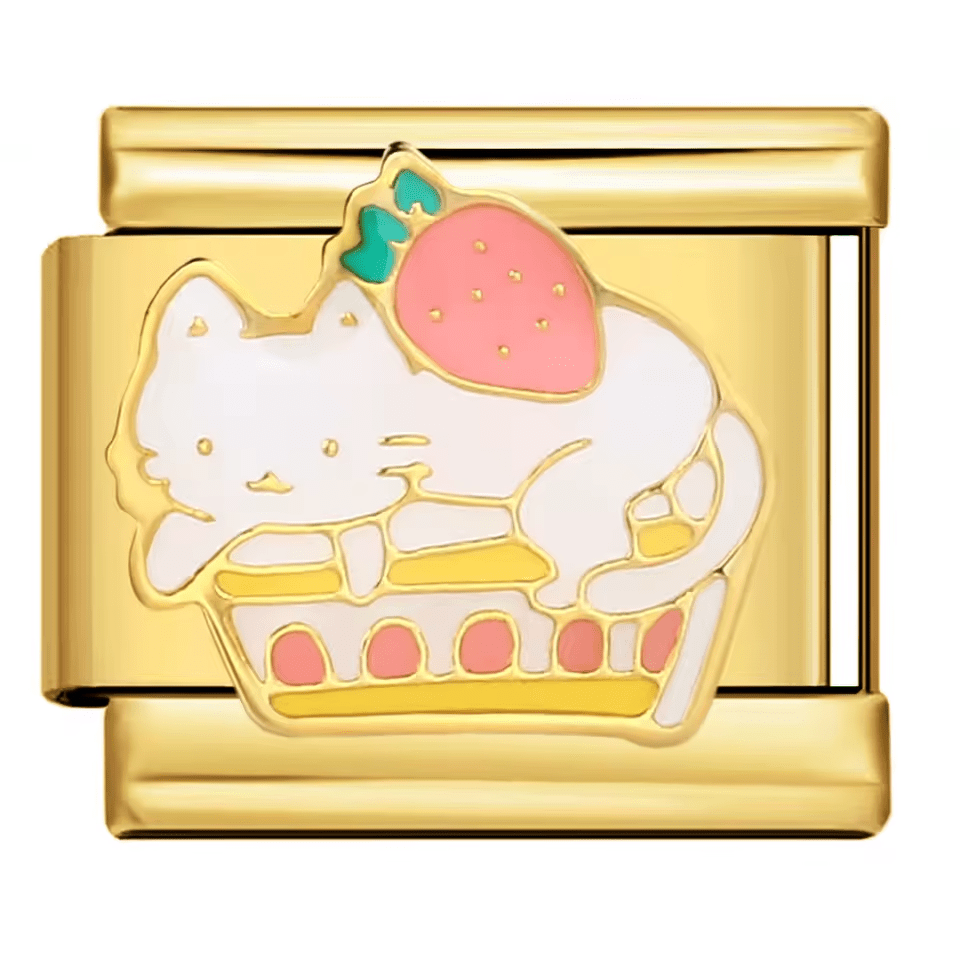 Strawberry cat cake Italian charm 9mm Gold