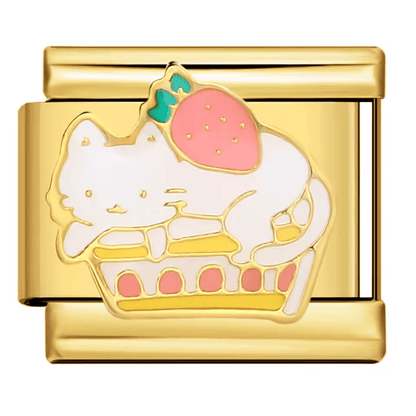 Strawberry cat cake Italian charm 9mm Gold