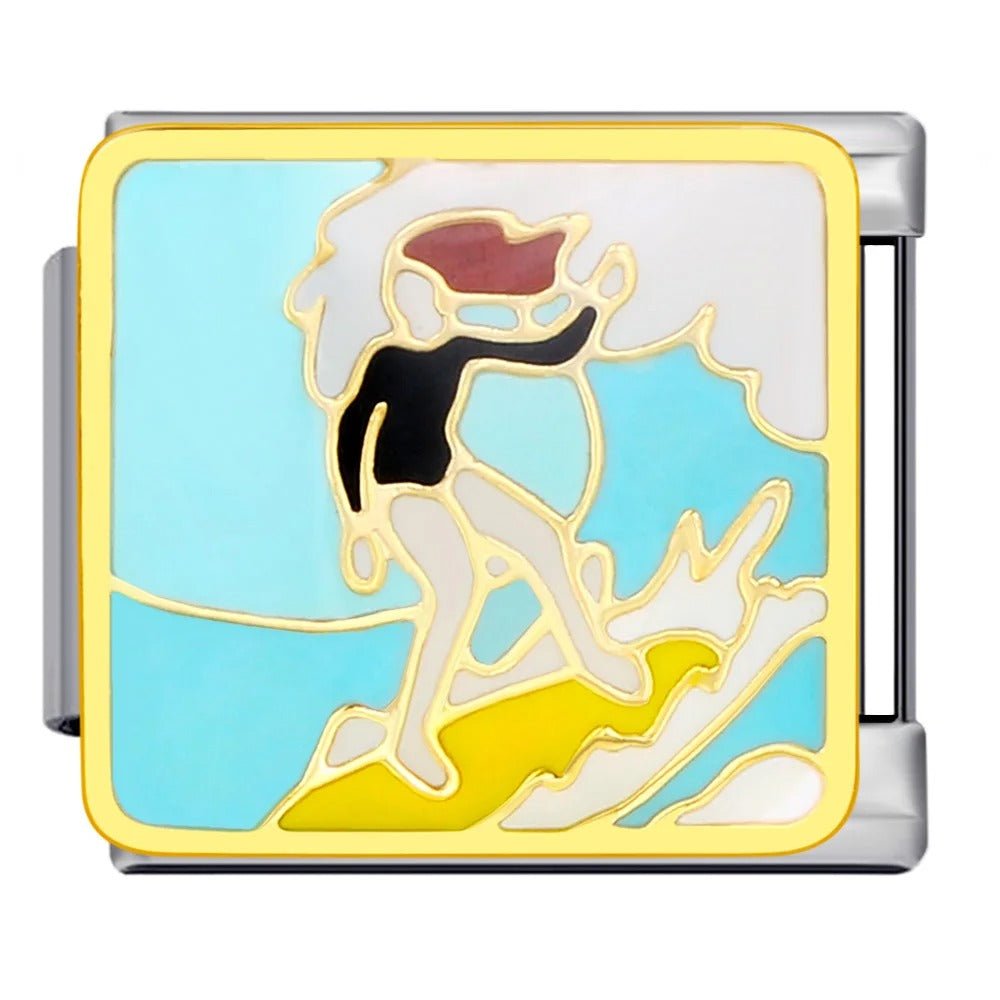 Surfer riding wave Italian charm 9mm surf themed Italian charm link