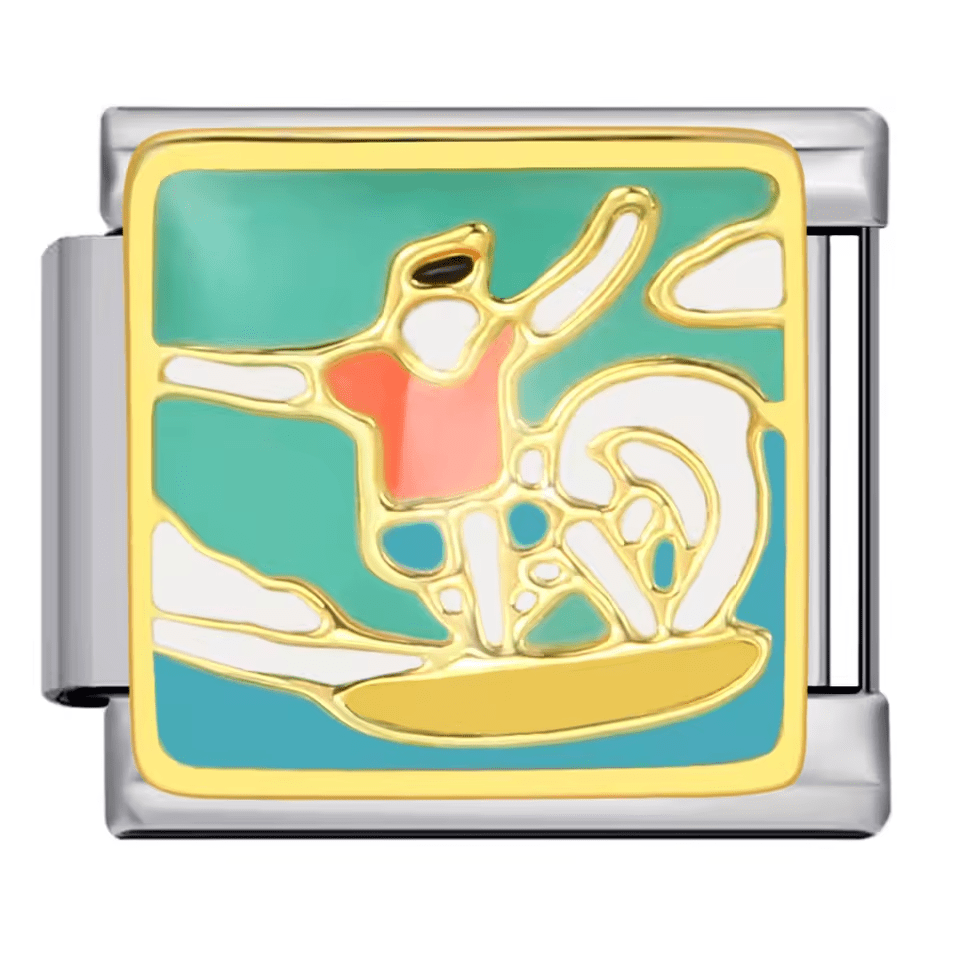 Surfing scene Italian charm 9mm with ocean design and gold-tone detailing
