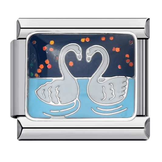 Swans heart Italian charm 9mm with white swan pair design