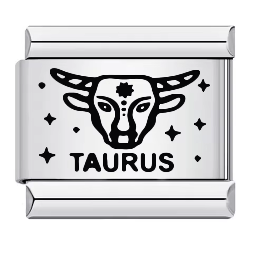 Taurus zodiac Italian charm 9mm with black bull symbol and Taurus text