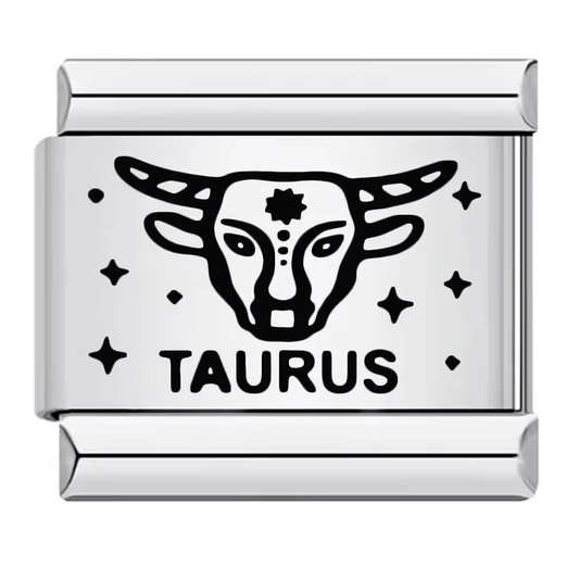 Taurus zodiac Italian charm 9mm with black bull symbol and Taurus text